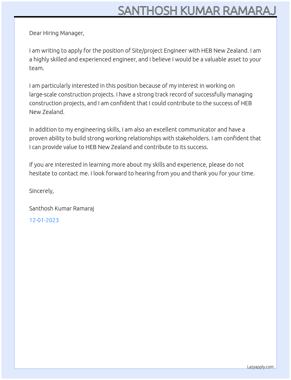 Site/project Engineer At HEB New Zealand Cover Letter