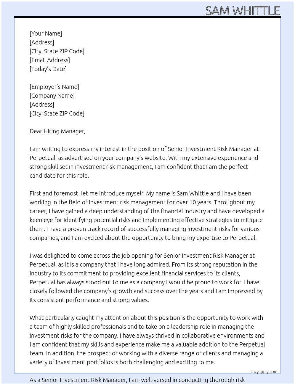 Senior Investment Risk Manager At Perpetual Cover Letter