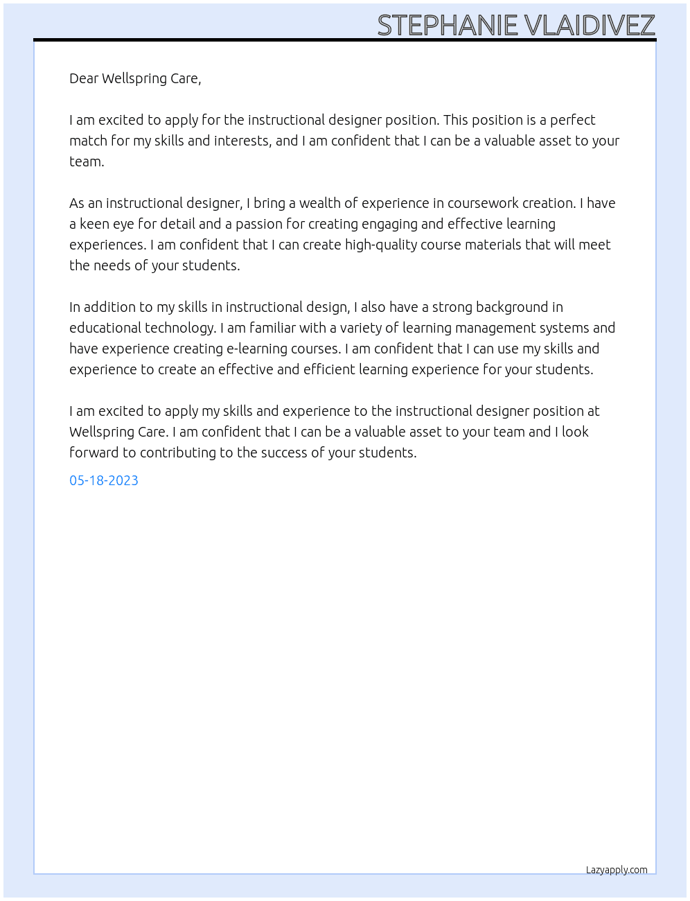 Instructional Designer At Wellspring Care Cover Letter