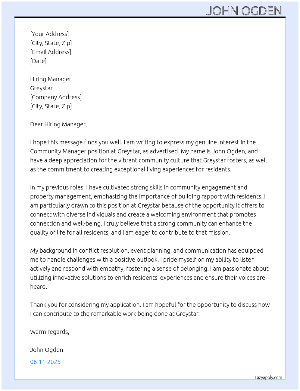 Community Manager  At Greystar  Cover Letter