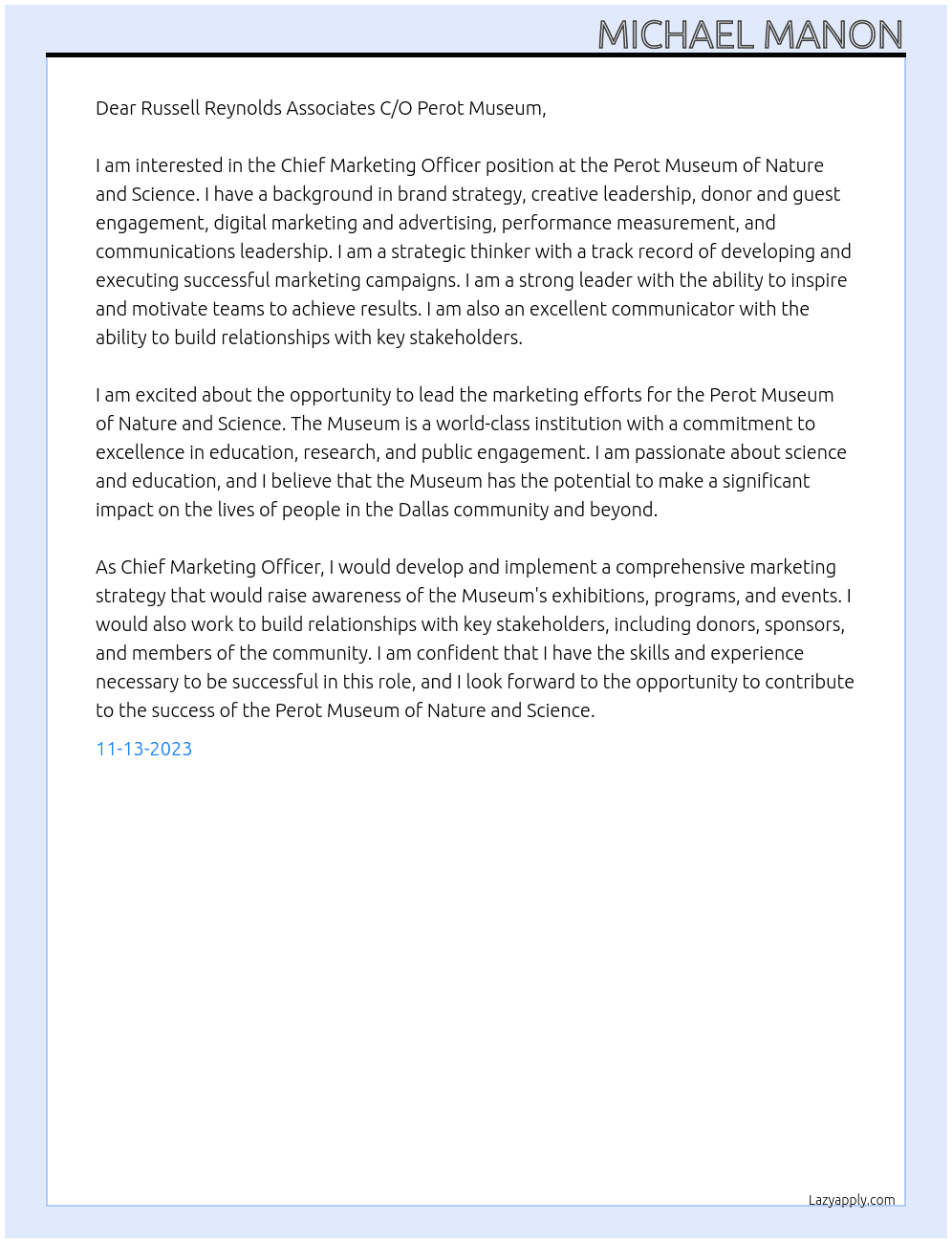 Chief Marketing Officer At Perot Museum of Nature and Science Cover Letter