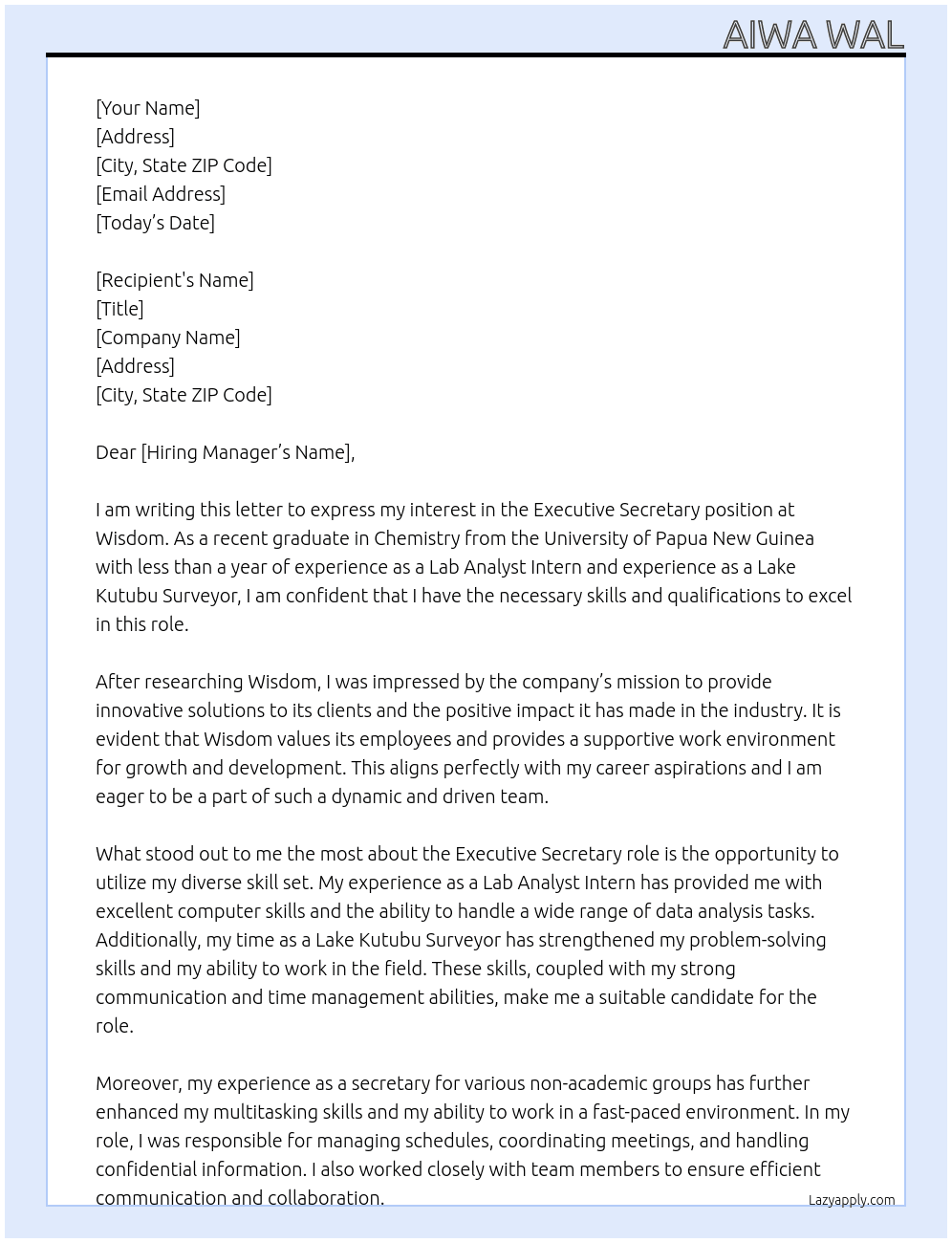 Exective secretary At wisdom Cover Letter