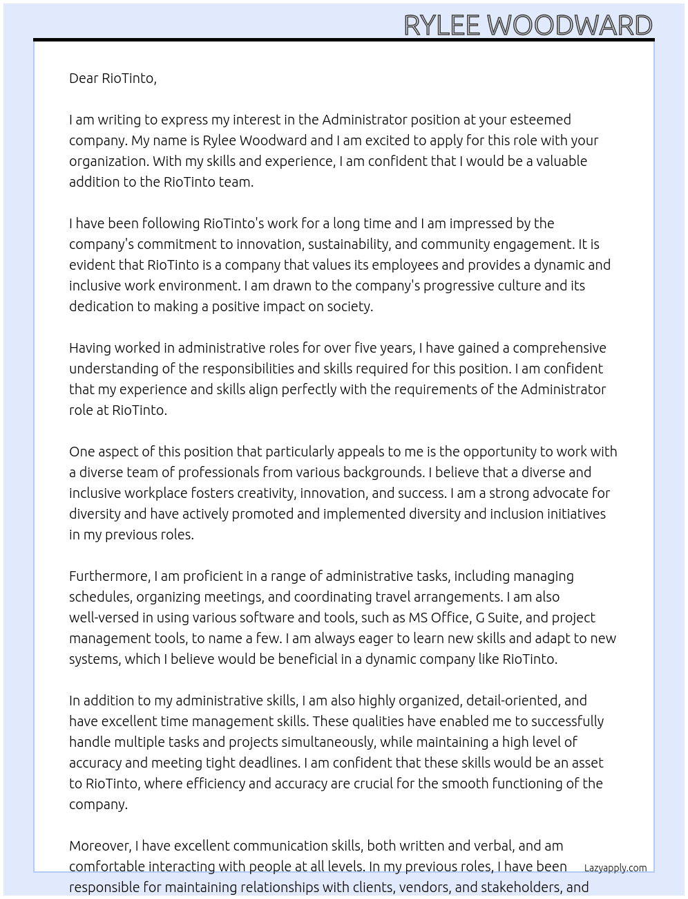 Administrator At RioTinto Cover Letter