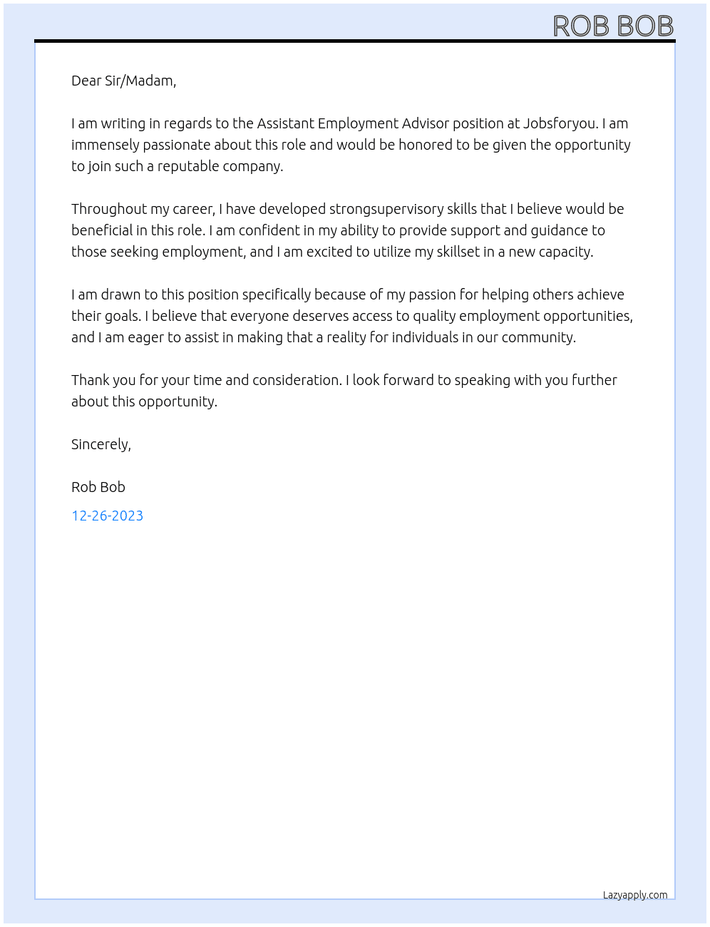 Assistant Employment Advisor At jobsforyou Cover Letter