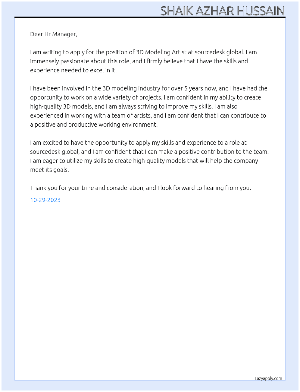 3D MODELING ARTIST At sourcedesk global Cover Letter