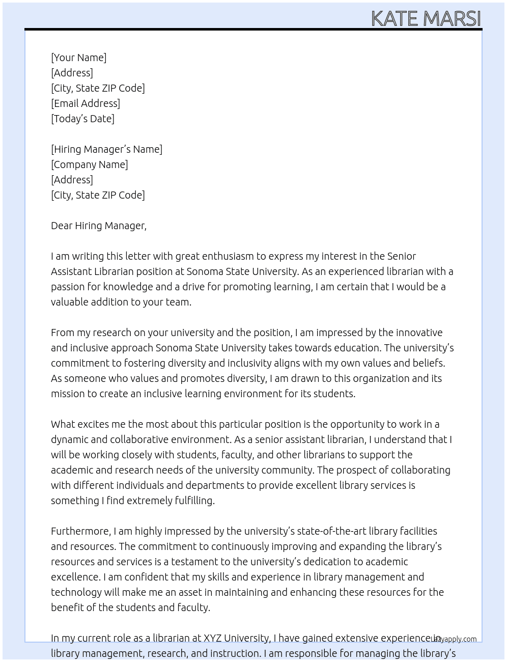 Senior Assistant Librarian At Sonoma State University Cover Letter