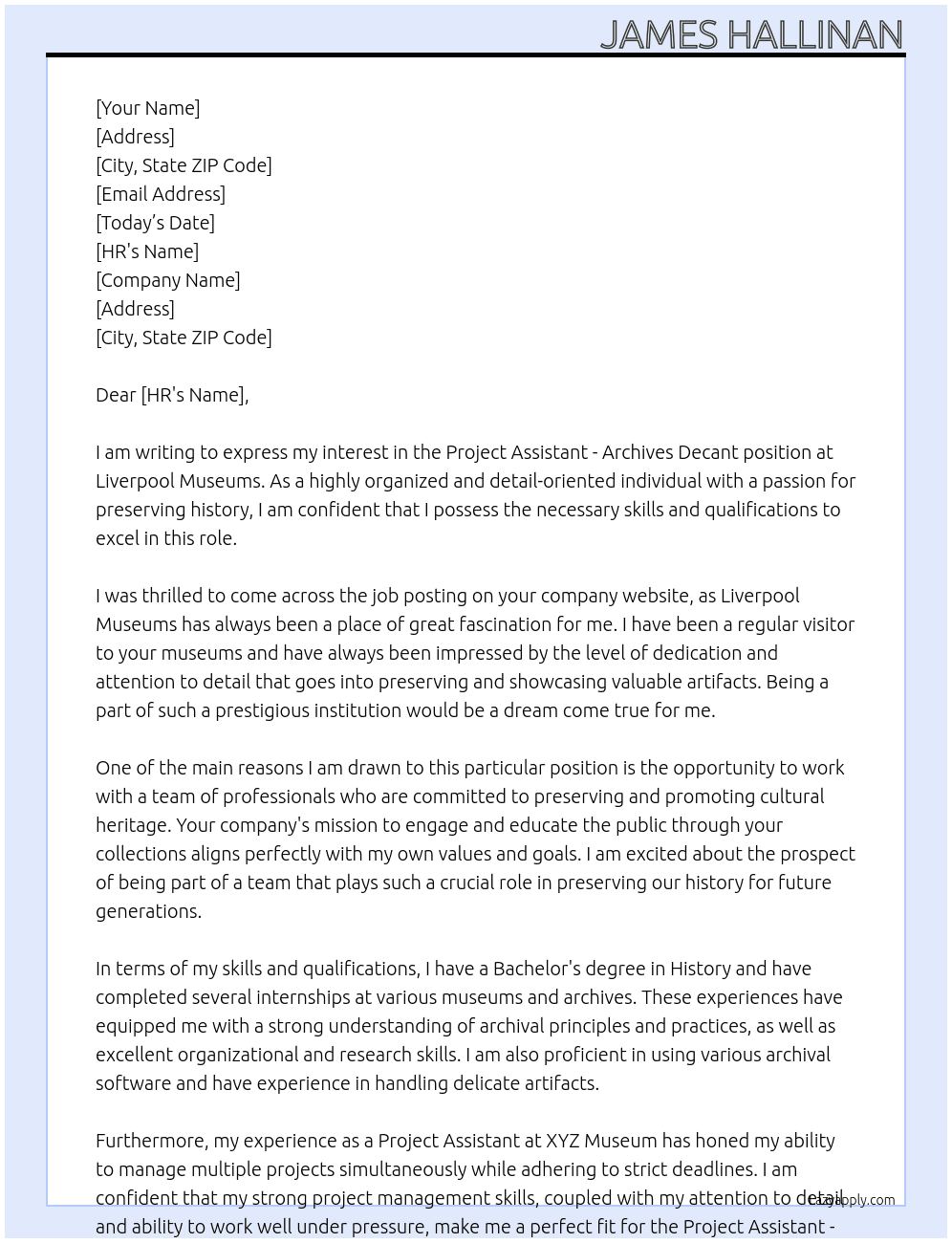 Project Assistant - Archives Decant  At Liverpool Museums  Cover Letter