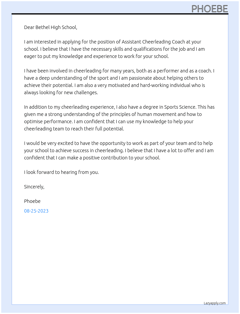 Assistant Cheerleading Coach At Bethel High School Cover Letter