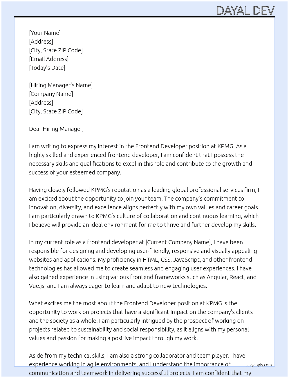 Frontend Developer At KPMG Cover Letter
