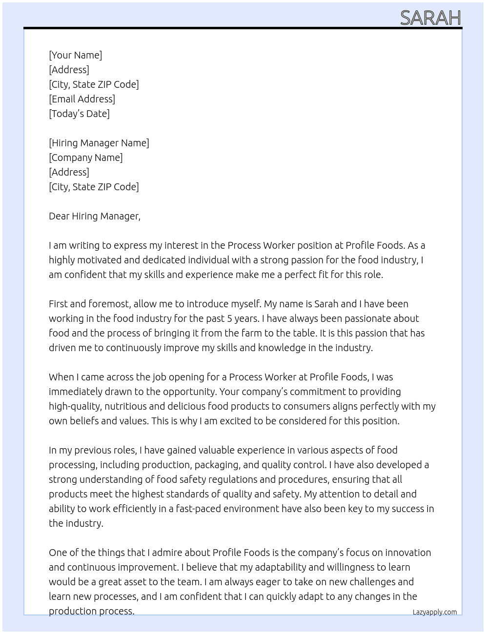Process Worker At Profile Foods Cover Letter