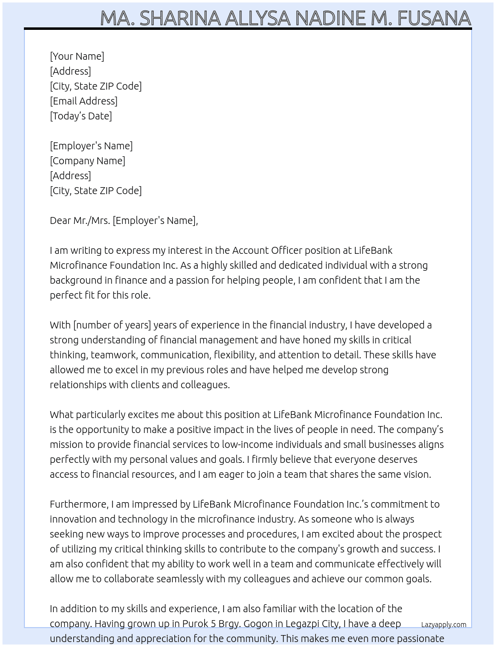 Account Officer  At LifeBank Microfinance Foundation Inc. Cover Letter