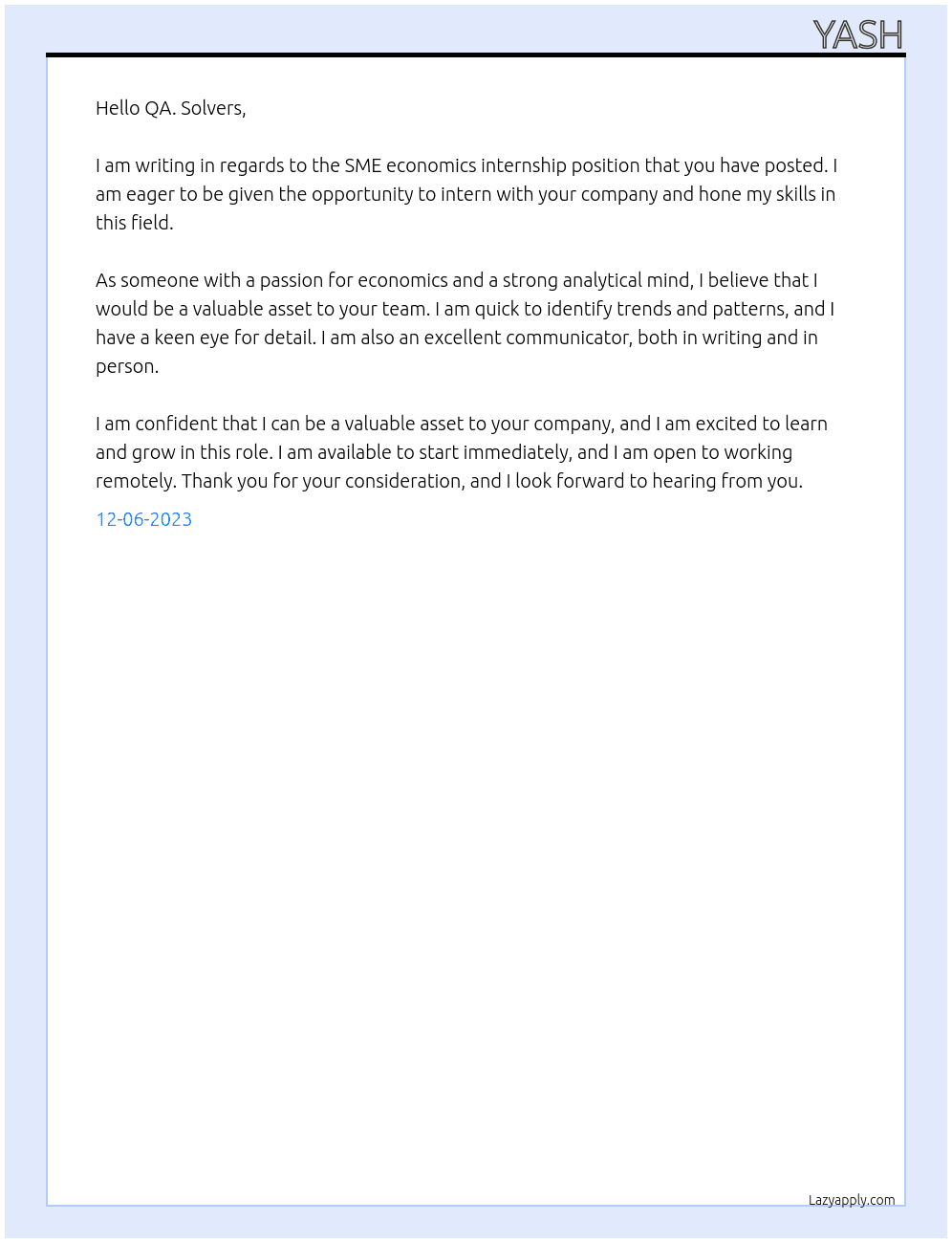 SME economics At QA. SOLVERS Cover Letter