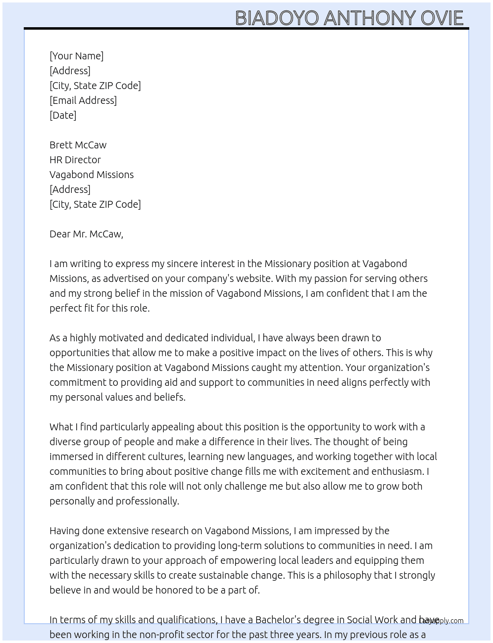 Missionary  At Vagabond Missions Cover Letter