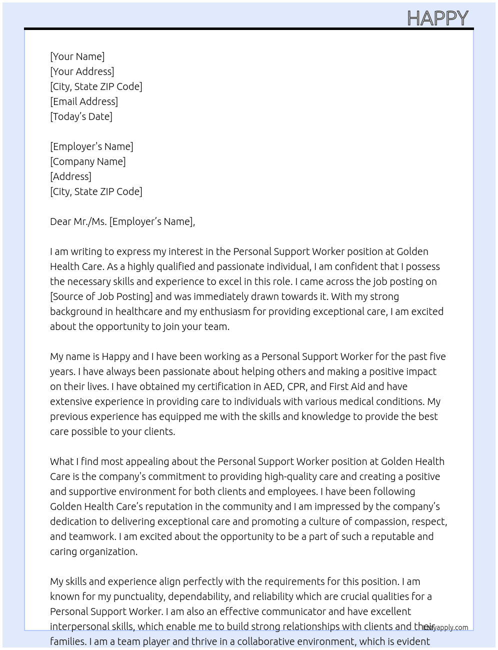 Personal support worker  At Golden Health Care  Cover Letter