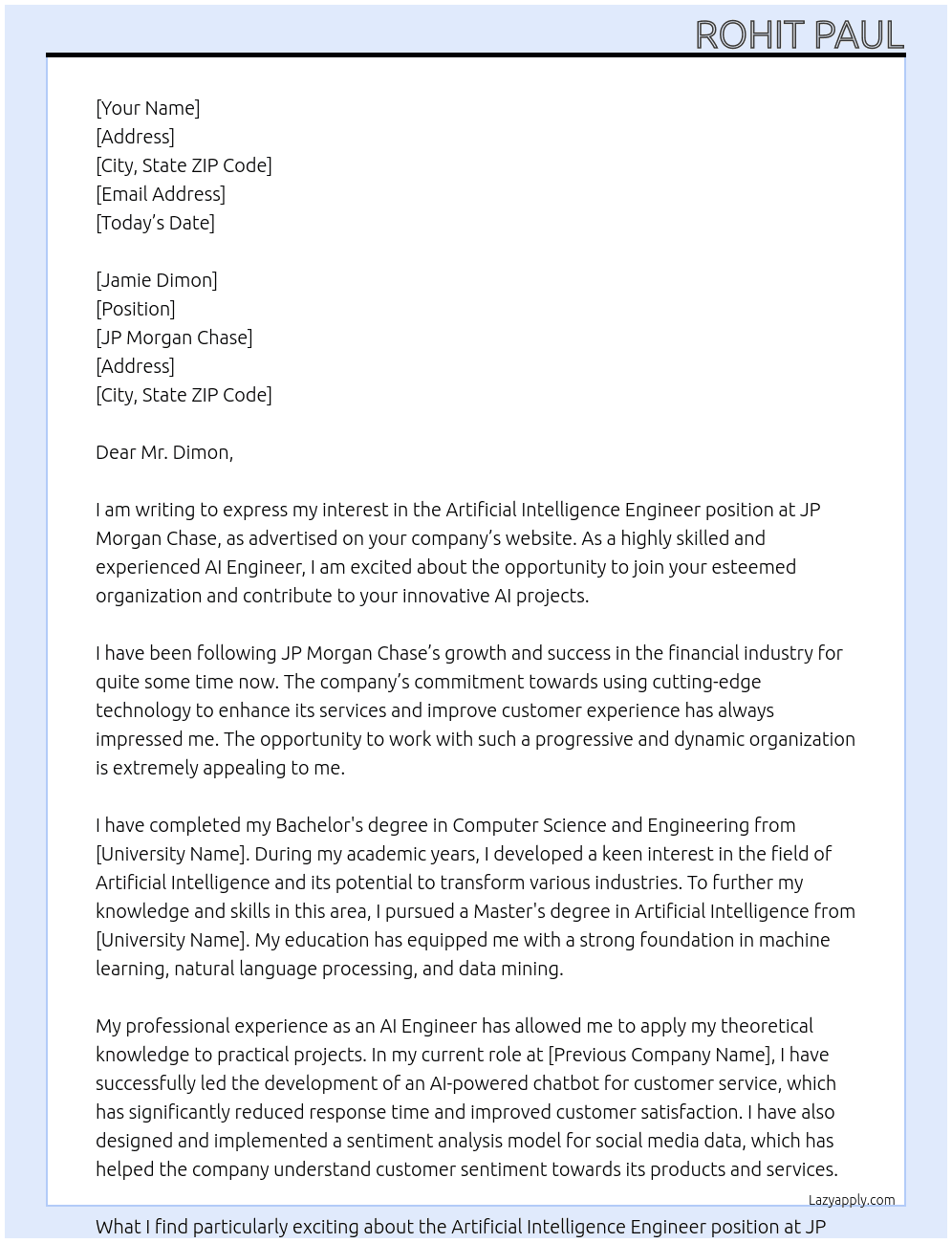 Cover letter for artificial intelligence engineer - LazyApply