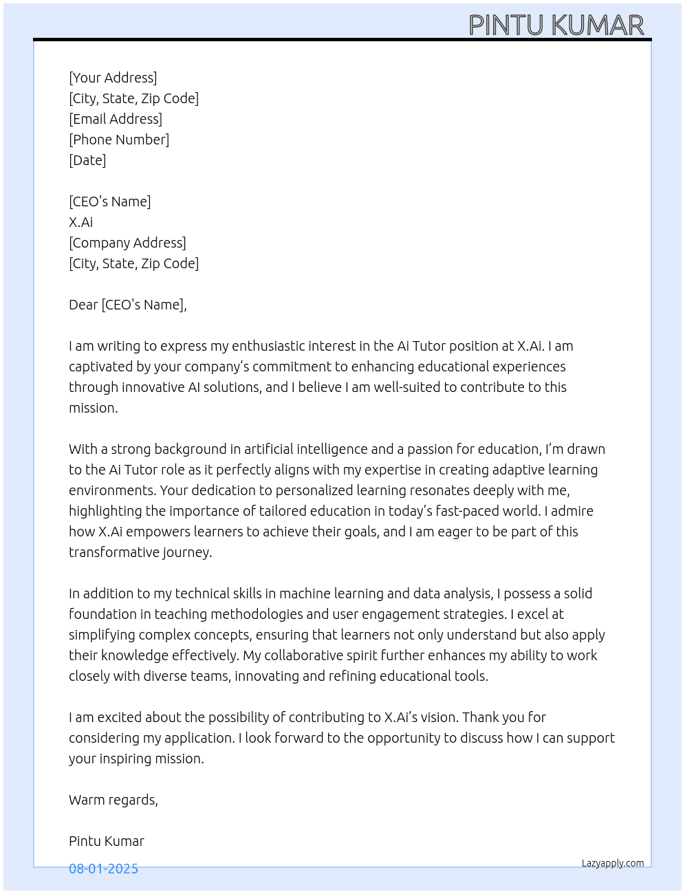 Ai Tutor  At X.Ai Cover Letter