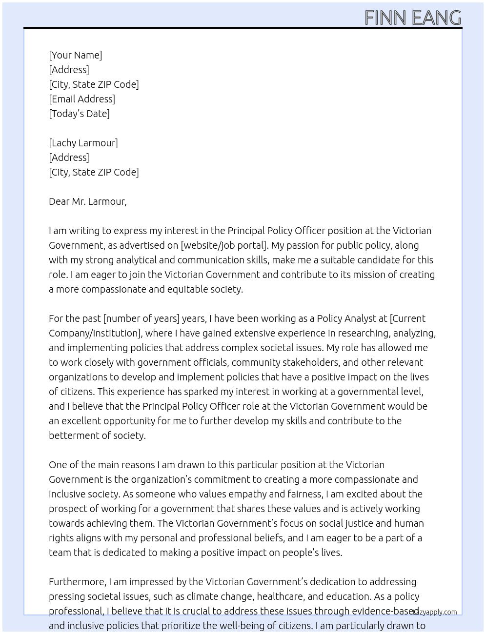 Principal Policy Officer At Victorian Government Cover Letter