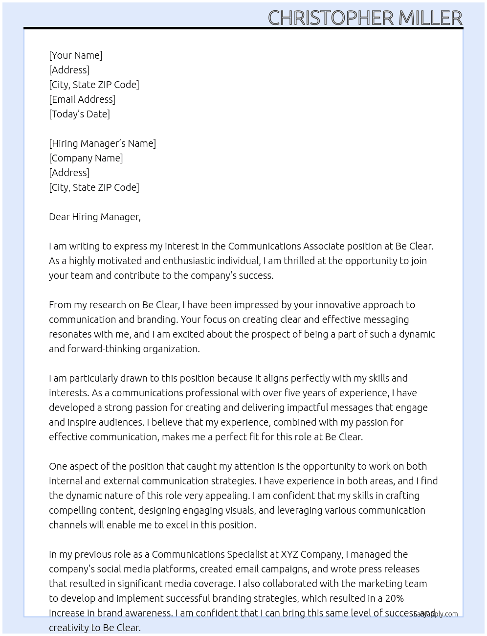 Communications Associate At Be Clear Cover Letter