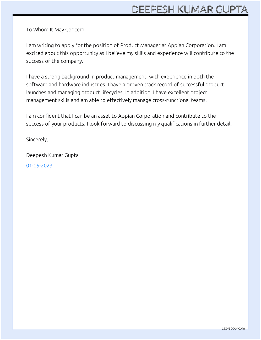 Product Manager At Appian Corporation Cover Letter
