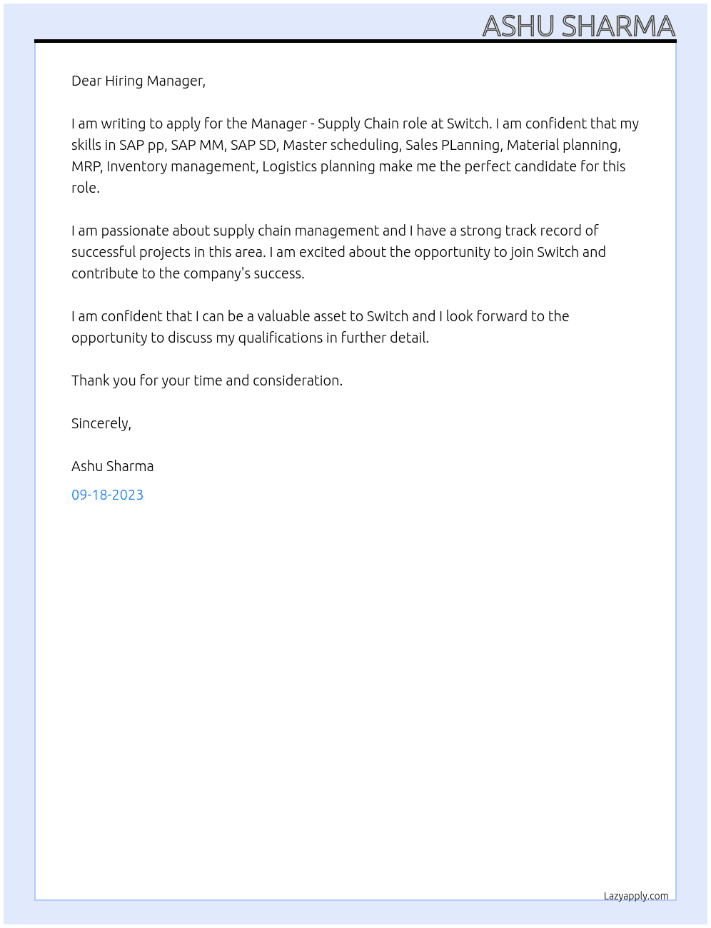 Manager - Supply Chain At Switch Cover Letter