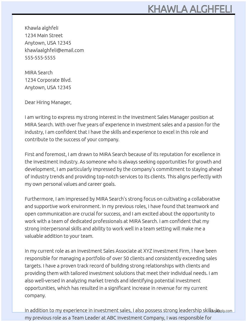 Investment Sales Manager At MIRA search  Cover Letter