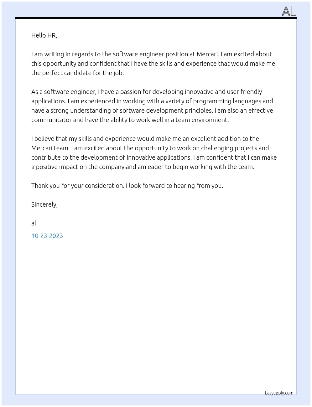 Software enginer At Mercari Cover Letter