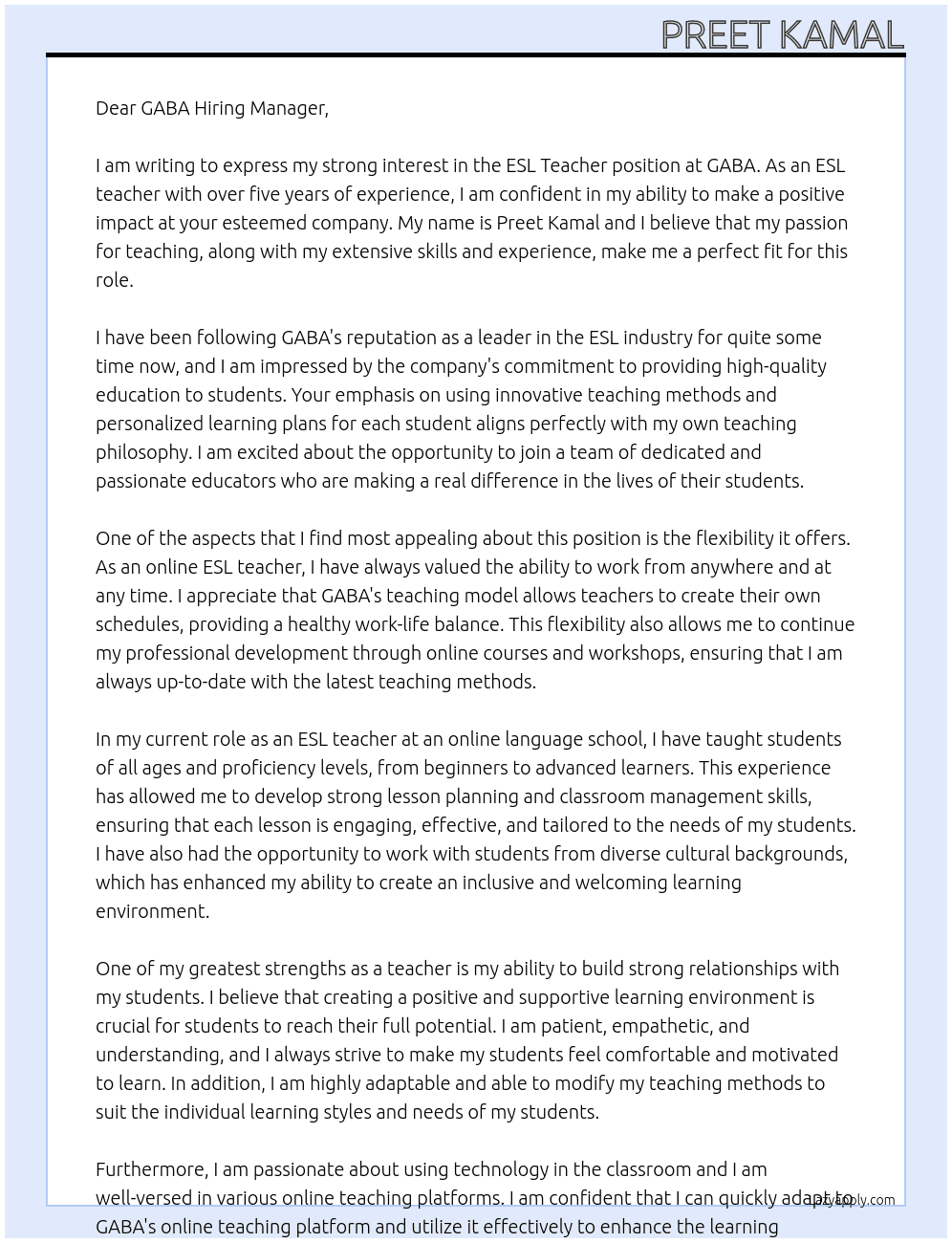 ESL Teacher At GABA Cover Letter