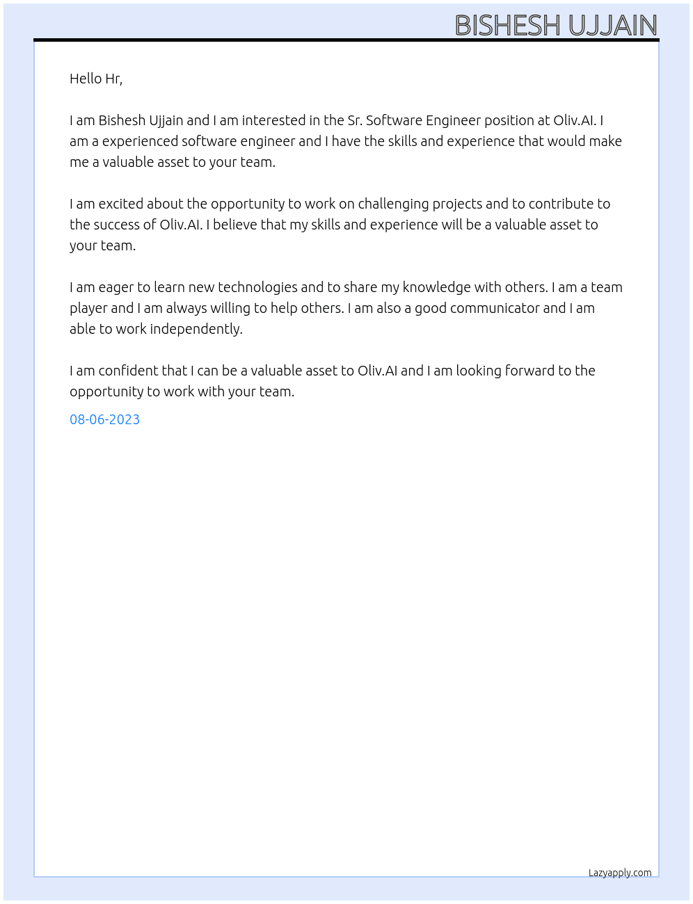 Sr. Software Engineer At Oliv.AI Cover Letter