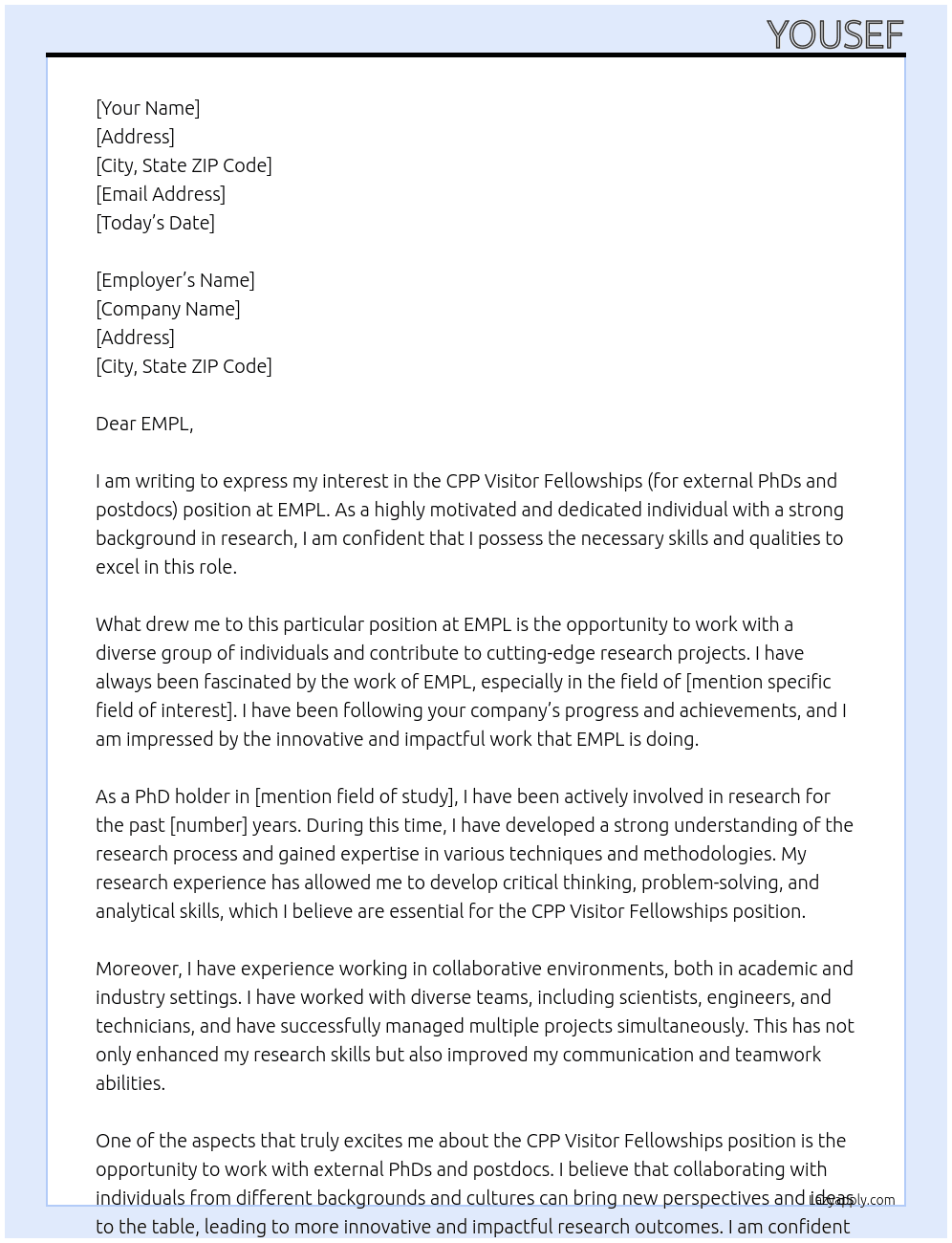  CPP Visitor Fellowships (for external PhDs and postdocs) At EMPL Cover Letter