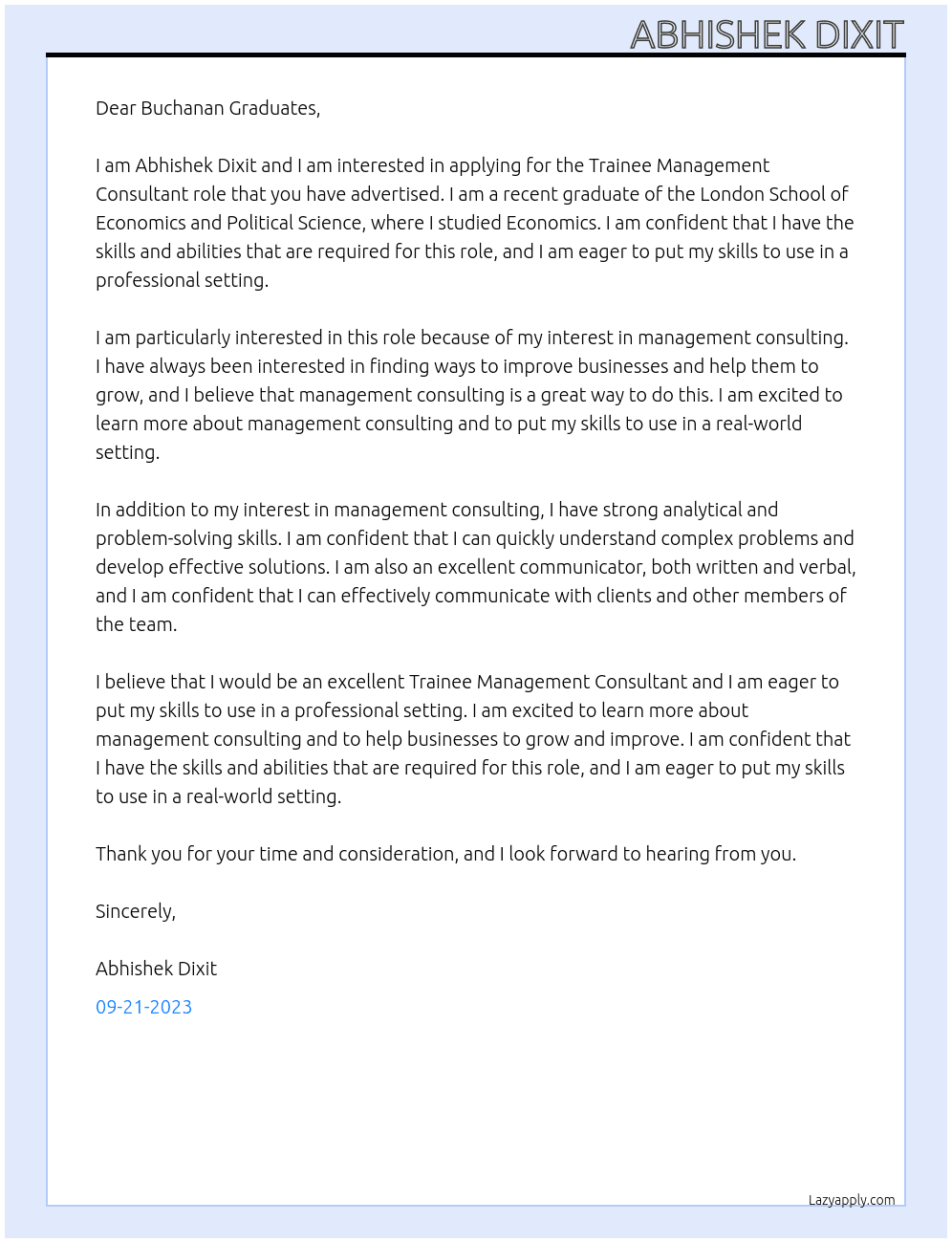 Trainee Managament Consultanat At Buchanan Graduates  Cover Letter