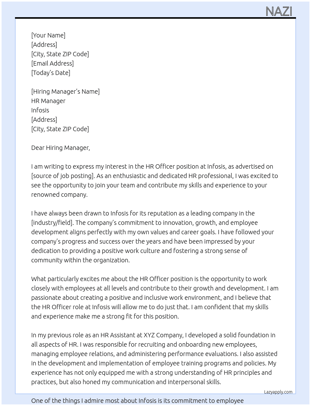 HR officer  At Infosis  Cover Letter