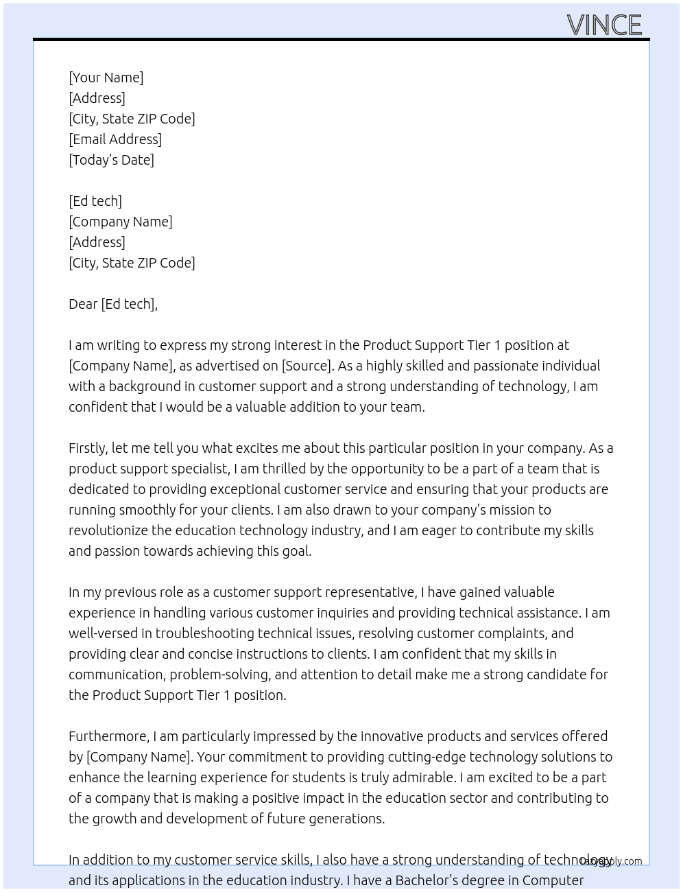 Cover letter for product support tier 1 - LazyApply