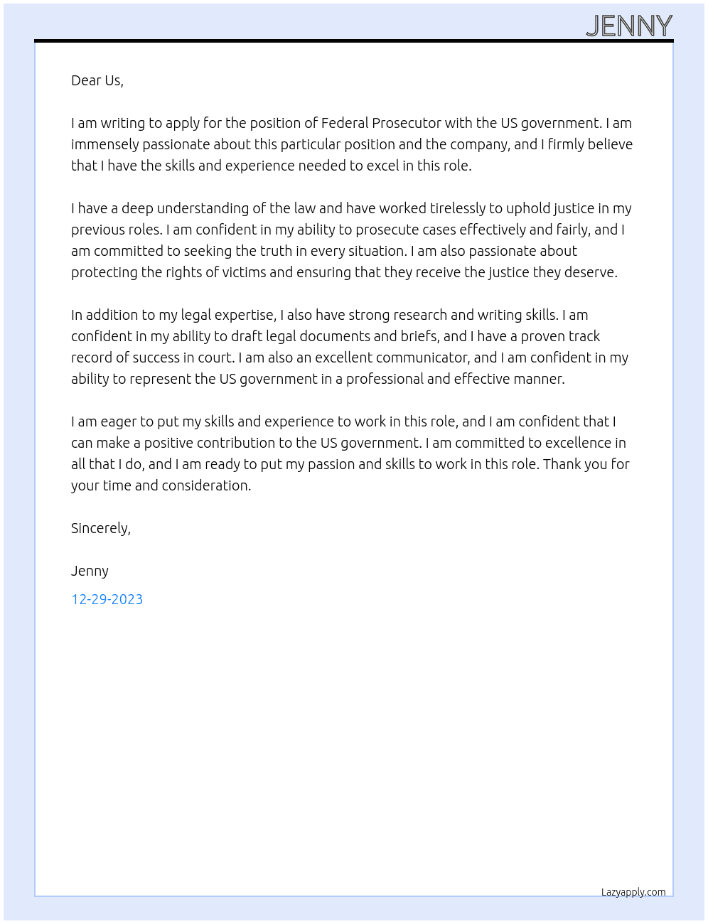 Federal prosecutor  At US government  Cover Letter