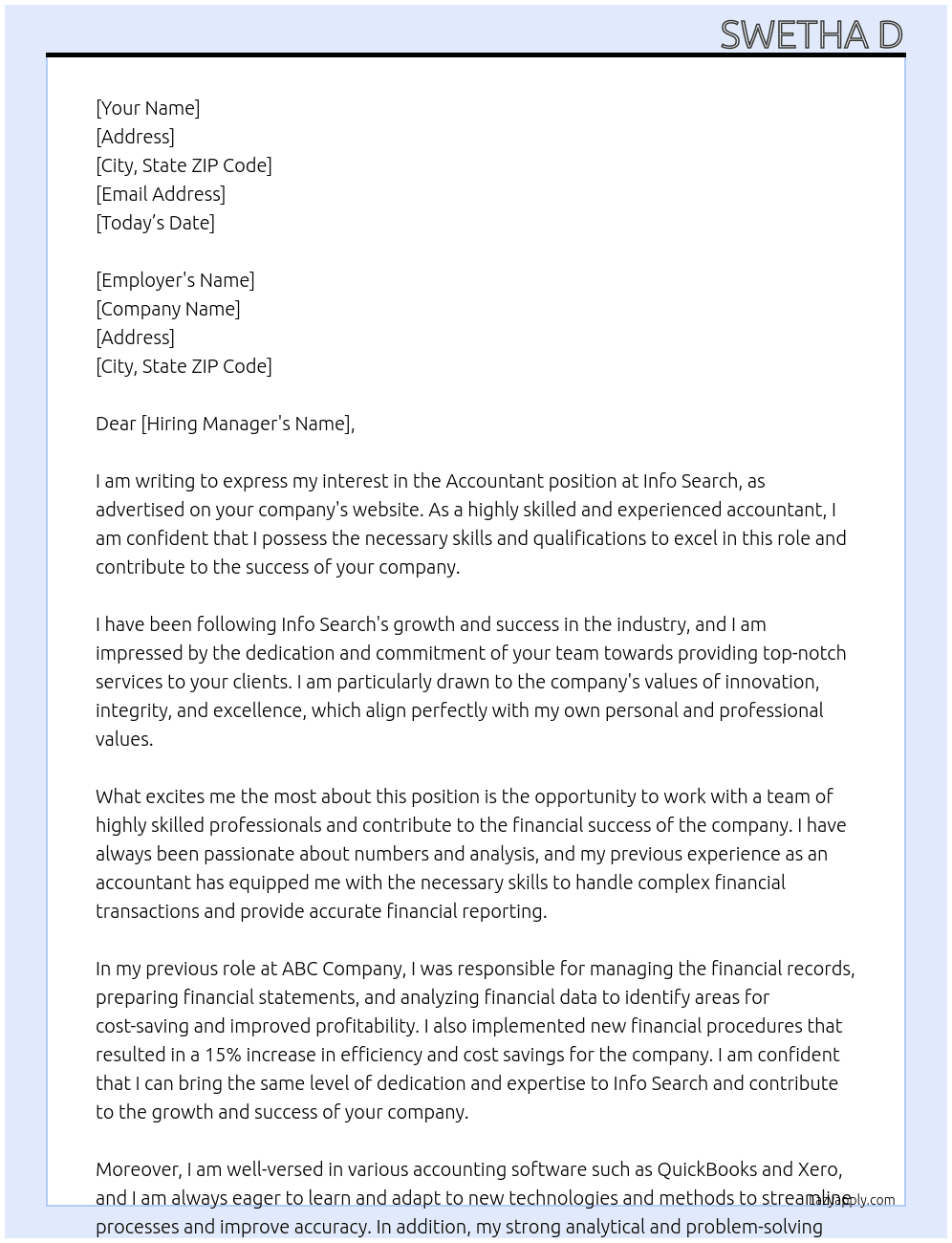 Accountant  At Info search  Cover Letter