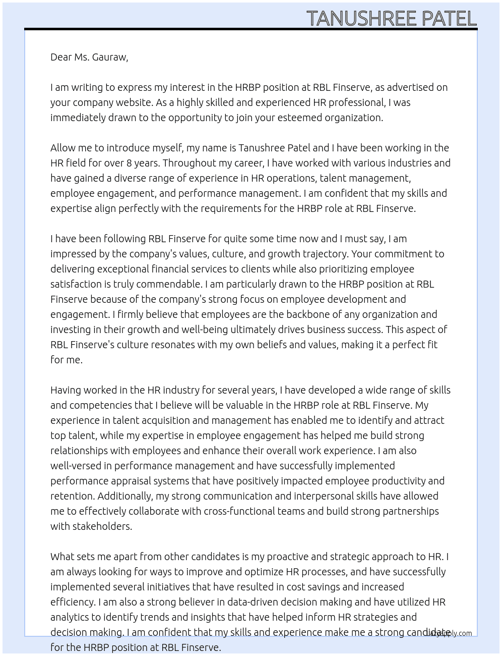 HRBP At RBL Finserve Cover Letter