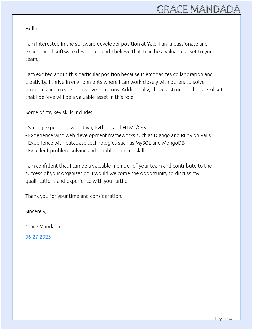 software developer At yale Cover Letter