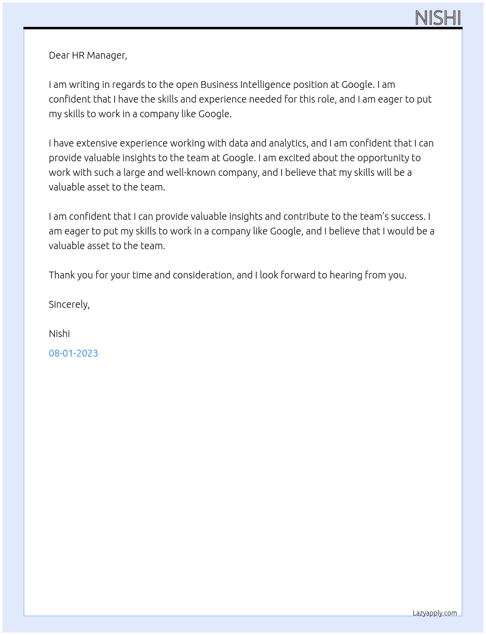 Business Intelligence At Google Cover Letter