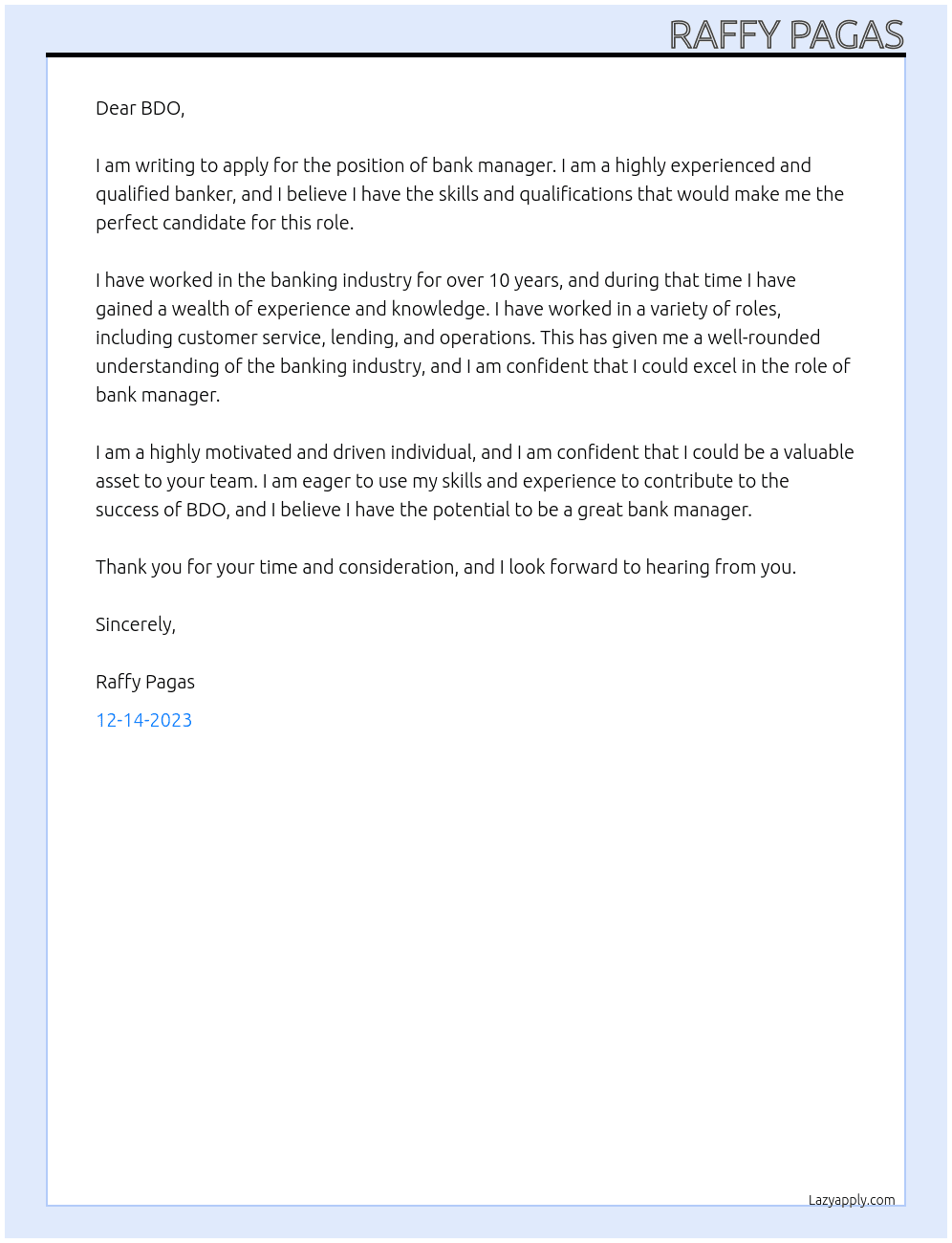Bank manager  At BDO Cover Letter