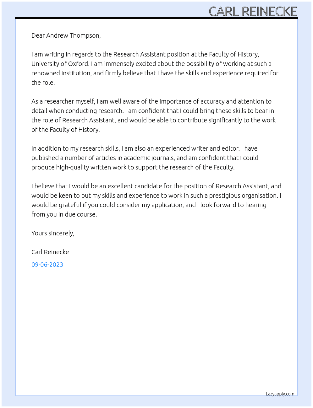 Research Assistant At Faculty of History, University of Oxford Cover Letter