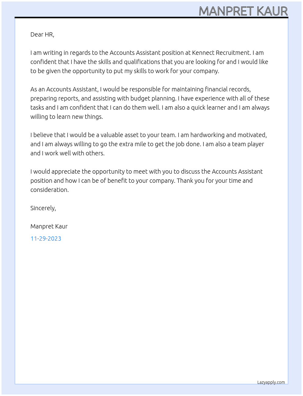Accounts Assistant  At Kennect Recruitment Cover Letter