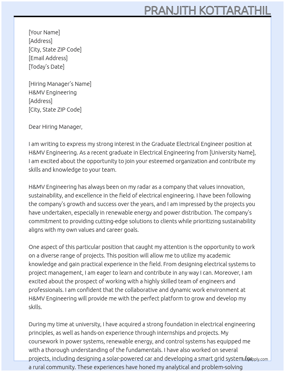 Graduate Electrical Engineer At H&MV Engineering Cover Letter
