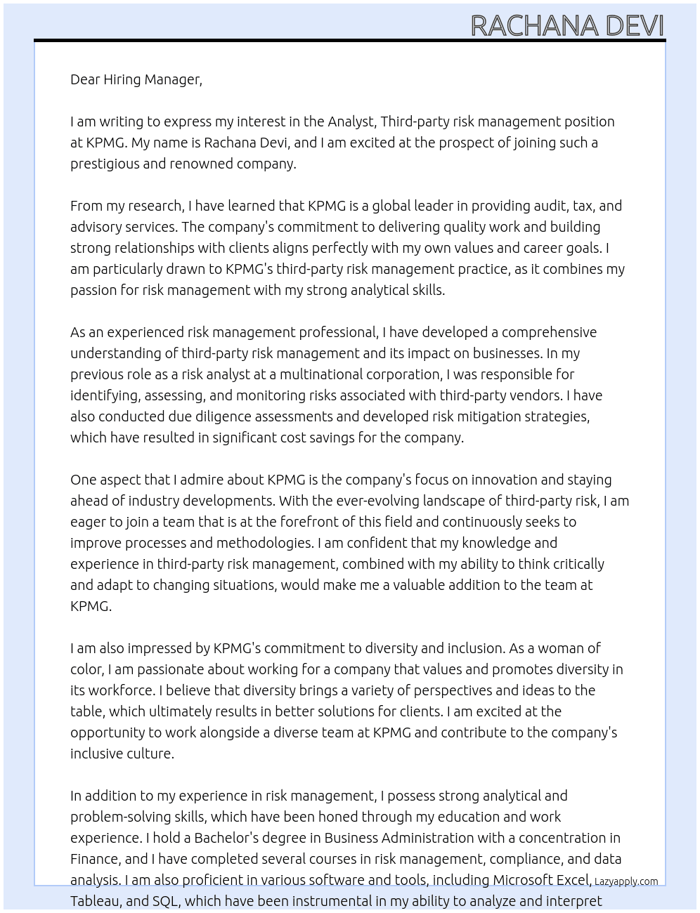 Cover letter for analyst, third-party risk management - LazyApply