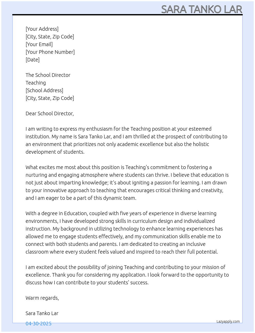 Tracher At Teaching Cover Letter