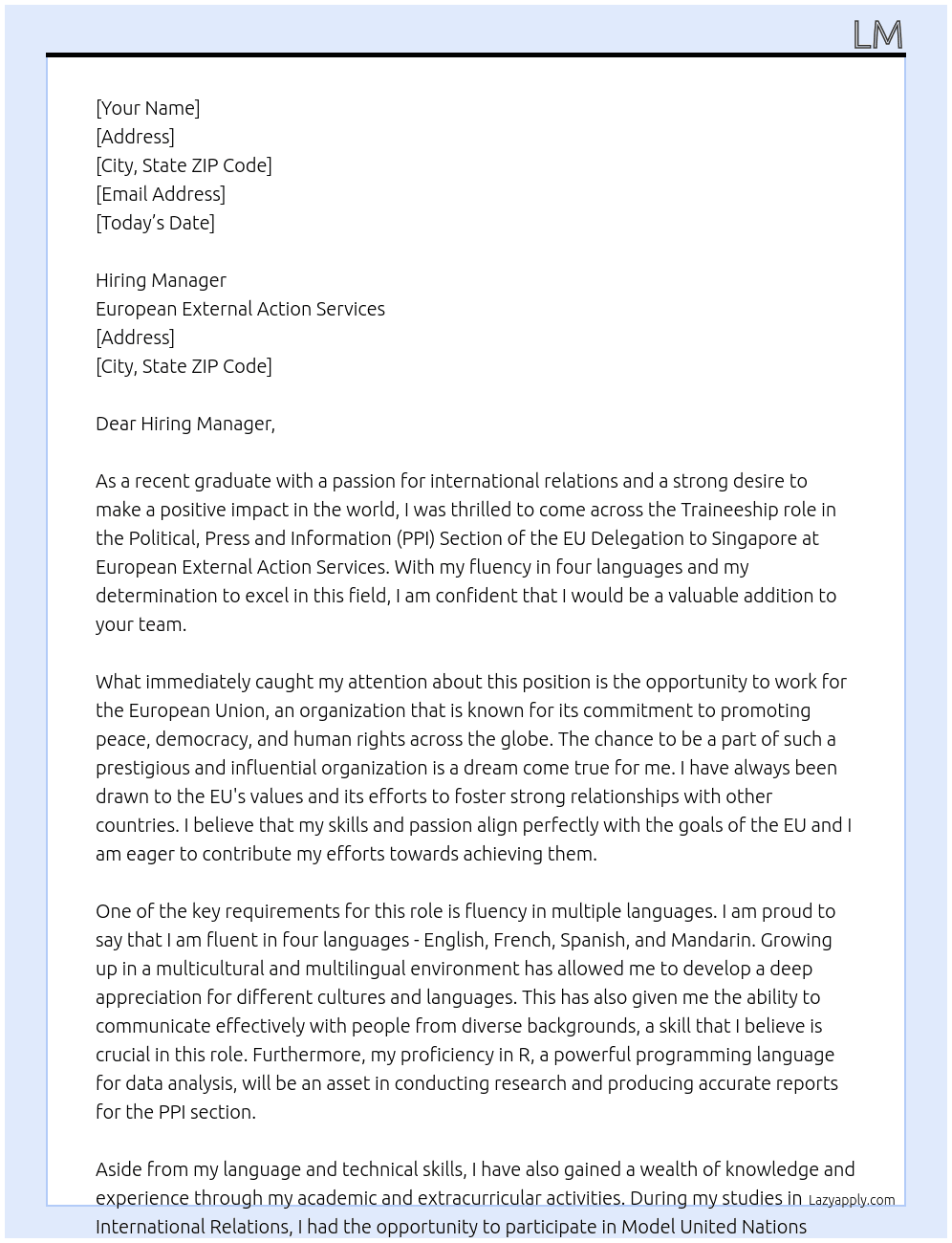 Political, Press and Information (PPI) Section of the EU Delegation to Singapore At European External Action Services Cover Letter
