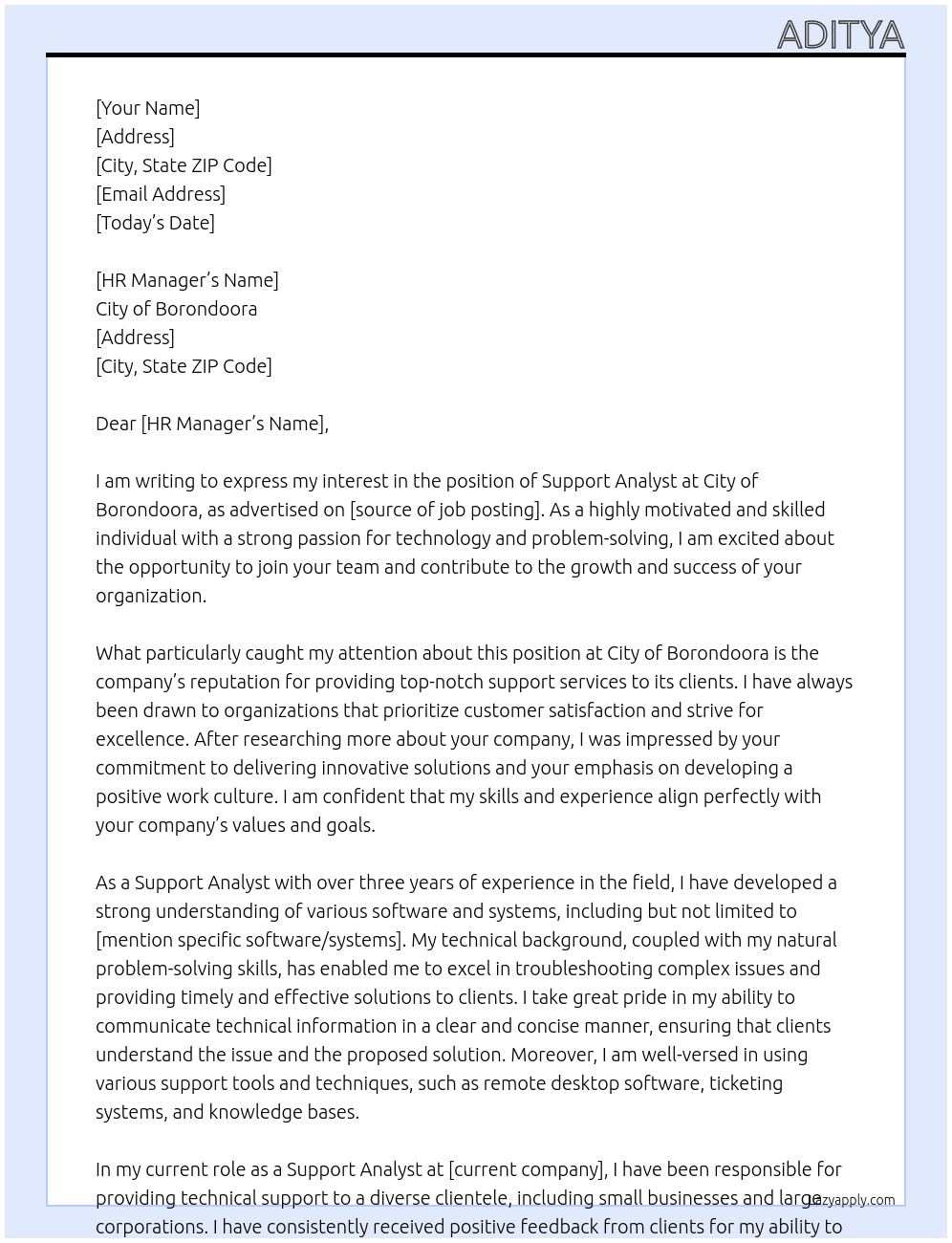 Support Analyst At City of Borondoora Cover Letter