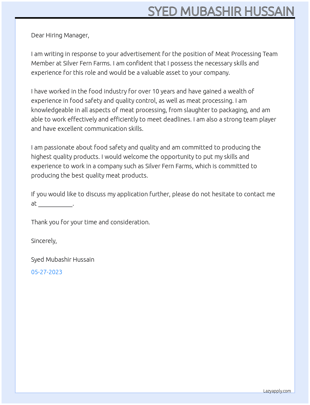 MEAT PROCCESSING TEAM MEMBER At SILVER FERN FARMS Cover Letter