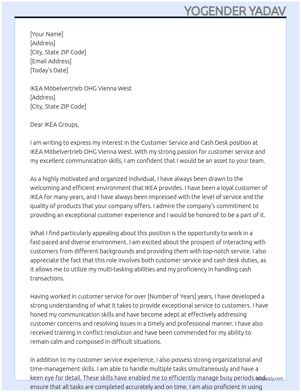 Customer service and cash desk At IKEA Möbelvertrieb OHG Vienna West Cover Letter