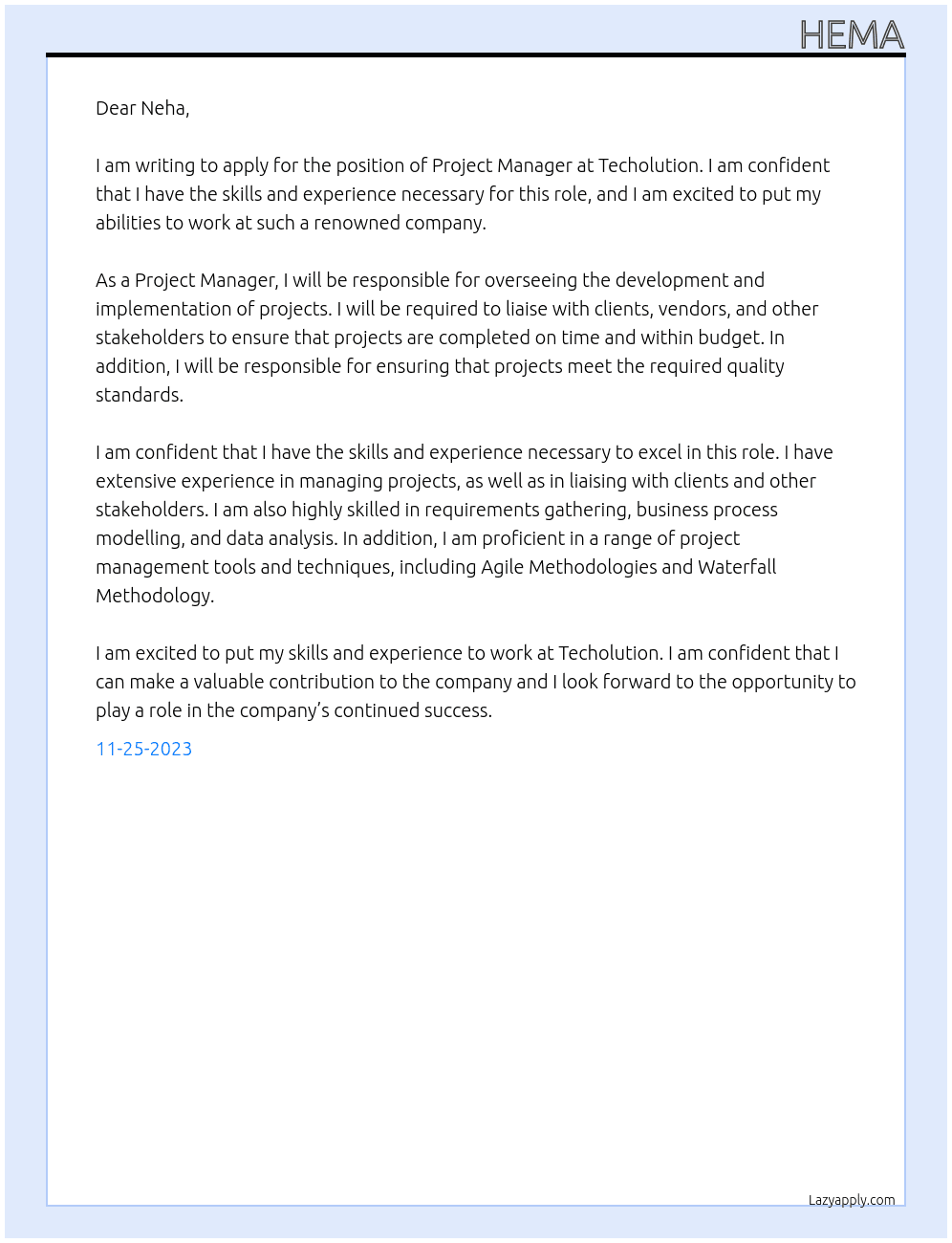 Project Manager At Techolution Cover Letter