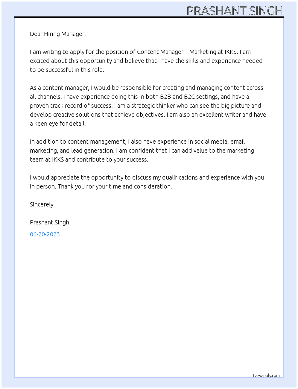 CONTENT MANAGER – MARKETING At IKKS Cover Letter