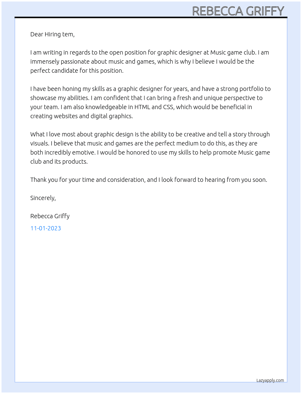 Graphic designer At Music game club  Cover Letter